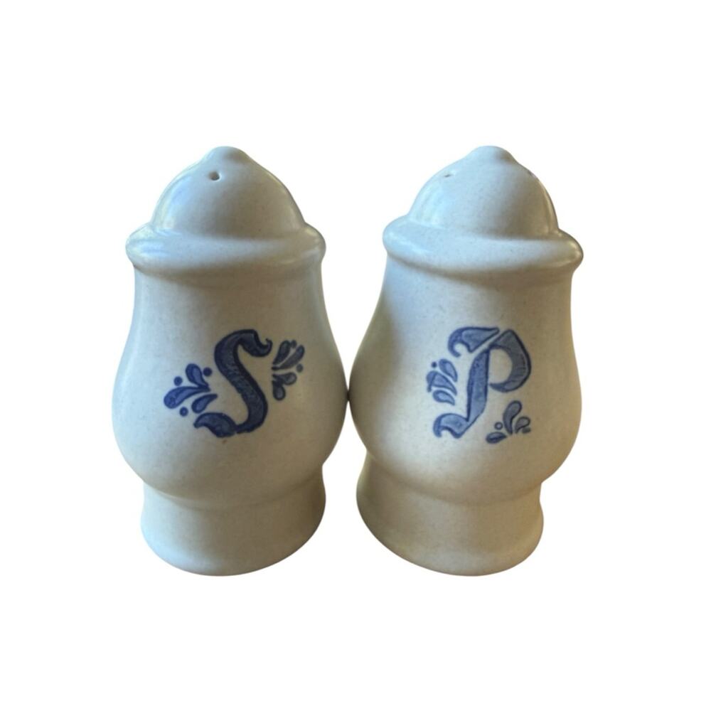 Vintage Stoneware Salt & Pepper Shakers Blue Monogram S P Farmhouse